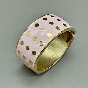 Polka Dot Hinge Cuff Bracelet Womens Pink Gold Tone Enamel Wide Bangle Fashion
